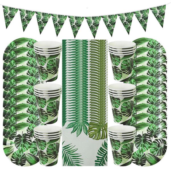 Vaisselle jetable 61 pièces ensembles de vaisselle d'été vert Monstera assiettes en papier tasses serviettes Tropical Hawaii décoration de fête de mariage Supplie 230110