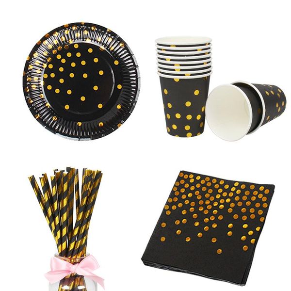 Vaisselle jetable 65 pièces/ensemble joyeux anniversaire point noir fête vaisselle assiette en papier tasse serviette paille mariage bébé douche enfants décor Supplie