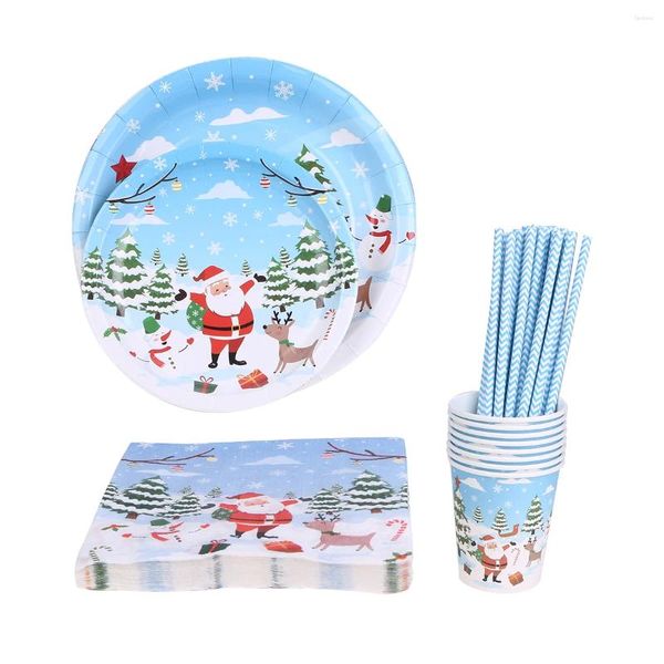 Vajilla desechable, 69 Uds., plato impreso con temática navideña, vaso de papel, juego de vajilla de paja Nanpkin para fiesta