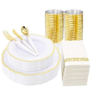 Vaisselle jetable 70 Vaisselle Assiette en plastique blanc avec jante dorée et ensemble de serviettes de couverts Convient pour les fêtes de mariage