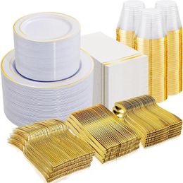 Wegwerp servies 700 stks gouden plastic borden - 100 gastwit met velg inclusief dinerdessert