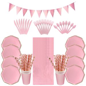 Vaisselle jetable 86/126 pièces ensemble de fête rose vaisselle assiette en papier tasse serviette couteau fourchette cuillère pour anniversaire mariage bébé douche décor 221128