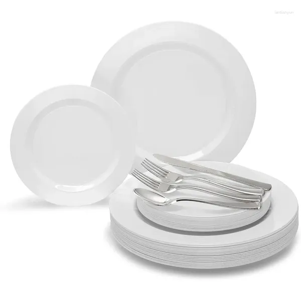 Dîner jetable ensemble 960 pièces (120 invités) - Partyage de mariage Headyweight Paste Plastic Silver Sargetware Clear Cups 3ply Napkins