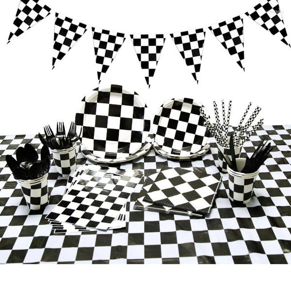 Vajilla desechable para fiesta de carreras, platos y vasos de papel, servilletas a cuadros, juego de vajilla para coche de carreras, decoración de cumpleaños para niños, color blanco y negro