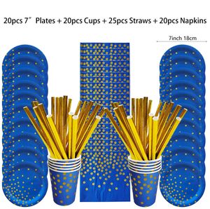 Dîne jetable Blue Gold Pots Dispostable Table Voline Plaques Paignes Tasses Napkins pour la fête d'anniversaire de mariage Décorations de fête de bébé 231213