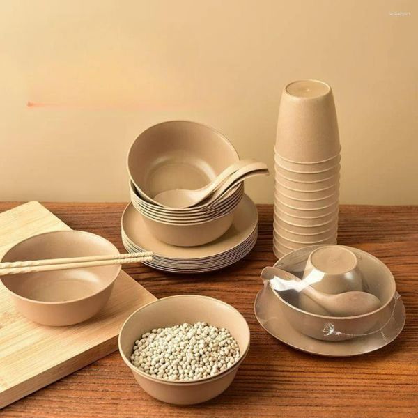 Vaisselle jetable bol baguettes ensemble en gros bambou Fiber tasse cuillère vaisselle maison pique-nique rond épaissi