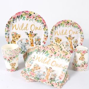 Wegwerp servies Cartoon Dierafgifte Sets voor kinderen Baby Shower Birthday Safari Party Decor Jungle Theme Supplies Green Forest