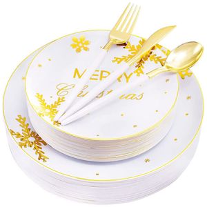 Vaisselle jetable décoration de noël assiette en plastique blanc argenterie vaisselle ensemble anniversaire fête de mariage fournitures 230825