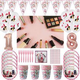 Wegwerp Dinware Cosmetics Beauty Theme Party Decoratie Lipstick Balloon Girl's Day Spa Make -up Supply Paper Cup Plate Happy Birthday