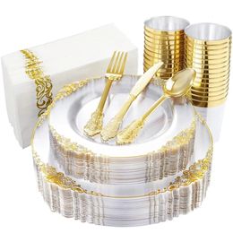 Wegwerp servies bestek Clear Gold Gold Plastic Tray met zilverwares Verjaardag Wedding Party Supplies 10 Person Set 230131