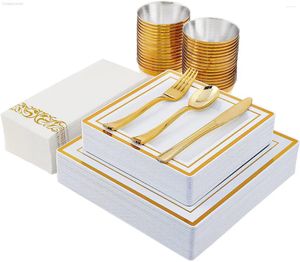 Wegwerp servies bestek voor 25 gasten gouden kanten plastic plastic bord zilverwerk servetten Verjaardags trouwfeestje Benodigdheden