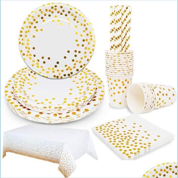 Vaisselle jetable Vaisselle jetable Vaisselle en or blanc Fournitures de fête Vaisselle Assiettes à dessert à pois dorés Ensembles pour mariage nuptial Sh Dhrdz