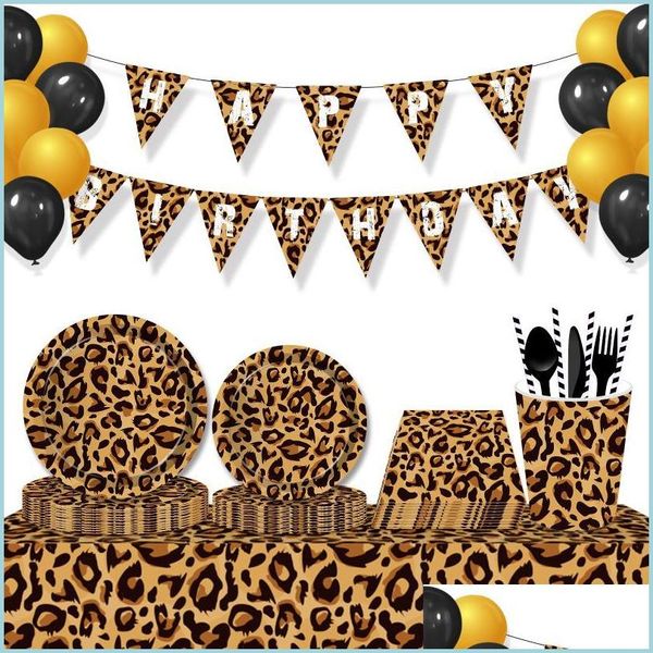 Vaisselle Jetable Vaisselle Jetable Léopard Jungle Thème Fête Vaisselle Décorations Ensembles Assiettes Serviettes Tasses Enfants Happy Bir Dhlpi