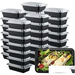 Wegwerpservies Wegwerplunchbox Magnetron Milieuvriendelijke voedselcontainers 3 compartimenten Bento Black Maaltijdvoorbereiding 1000 ml Drop Deli Dhrh3