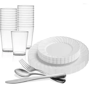 Vaisselle jetable en plastique élégant, ensemble pour 144 invités, assiettes blanches évasées fantaisie, salade de dessert