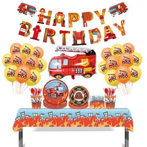 Vaisselle jetable thème pompier, fournitures de fête d'anniversaire, gobelets en papier, assiettes, serviettes, bannière, camion de pompiers, ballons décoratifs pour enfants garçons