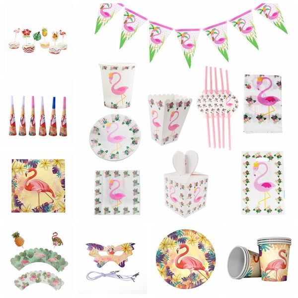 Vaisselle jetable flamant rose rouge, vaisselle de fête à thème, assiettes, serviettes, tasse, boîte à pop-corn, bannière, drapeaux, fournitures de décoration d'anniversaire pour enfants