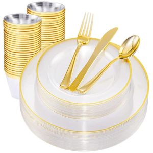 Vaisselle jetable Golden Party Vaisselle Set Assiette en plastique Tasse Argenterie Adulte Anniversaire Mariage Bachelor Décoration Baby Shower