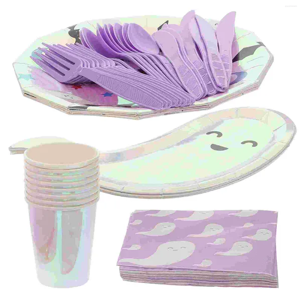 Vajilla desechable Suministros de Halloween Plato de papel Taza Traje Fiesta Tenedor Herramienta de corte Cubiertos de plástico rosa