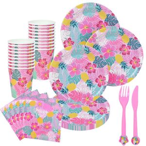 Wegwerpbedrijf Hawaii Party Roze servies Papierplaten Cups Aapkins voor tropische zomerbruiloft Verjaardagdecoratie