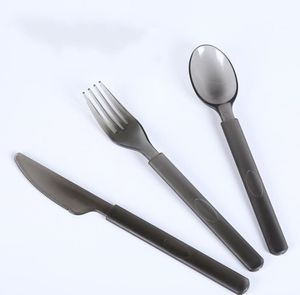 Vaisselle jetable cuillère en plastique noir translucide de qualité alimentaire de haute qualité, couteau et fourchette extra épais, vaisselle de pique-nique de fête SN5983