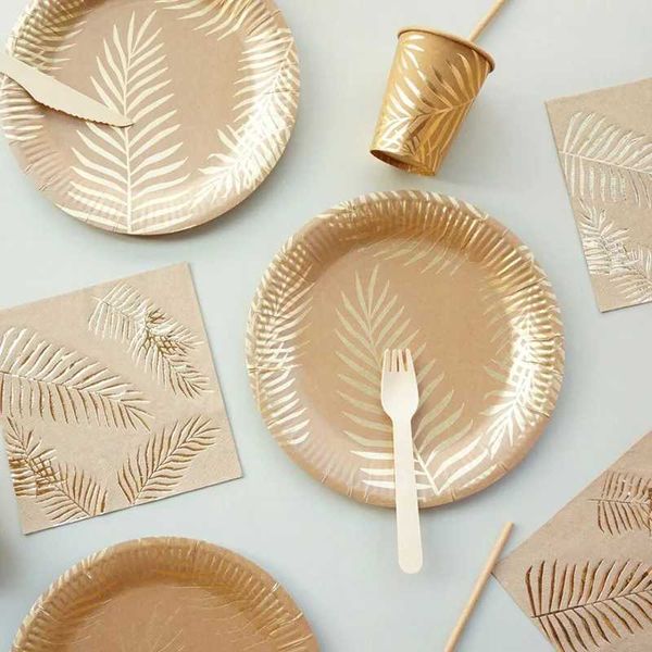 Dîner jetable Kraft Paper Tablet Top Top avec Golden Palm Leaf Pattern Cup Towel Lawn Party Decoration Mariage et Crame d'anniversaire Q240507