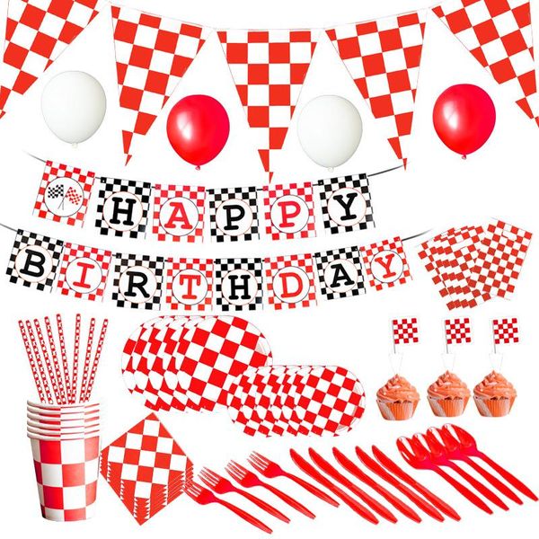 Vaisselle jetable treillis voiture de course conduite vaisselle rouge blanc nappe bannière assiettes en papier tasse serviette ensemble garçon fête d'anniversaire