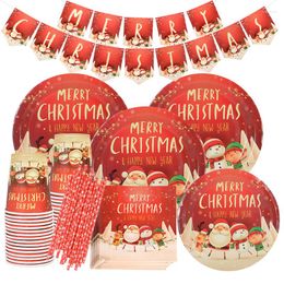 Wegwerp Dinware Merry Christmas servies Tafelgerei Kerstpatroon bestek Paper Cup Plate Napkins Straw Party Decoration Supplies