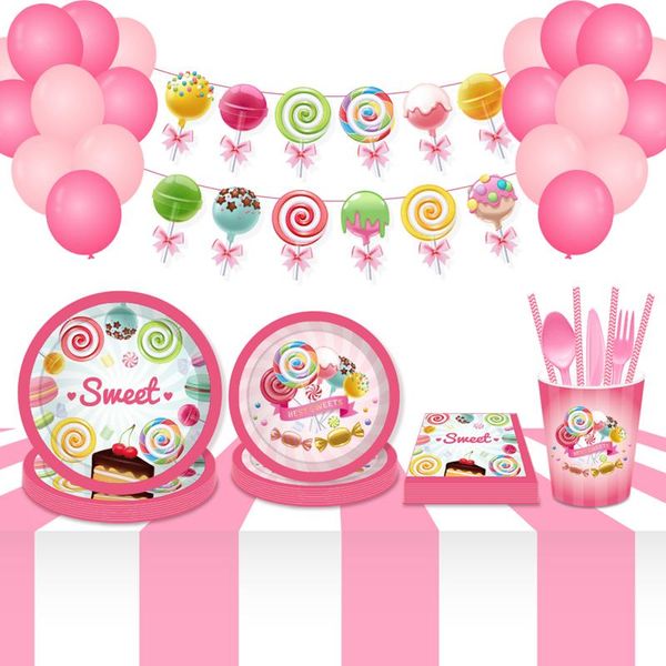 Vajilla desechable OENY Sweet Lollipop Girls Decoraciones para fiesta de cumpleaños Globo Vasos de papel Platos Baby Shower Vajilla Set Suministros