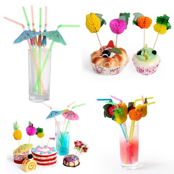 Vaisselle jetable ananas Cupcake Topper fruits cure-dents parapluie pailles pour Hawaii thème plage fête décoration mariage gâteau d'anniversaire