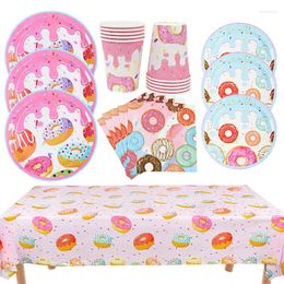 Dîner jetable Pink Donut Table Volet à thème Papier Plaque Plaque en papier Cup Kids 1st Birthday Wedding Party Decoration Baby Shower Favors