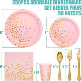 Wegwerp Dinware Pink Gold Party Supplies - 350 PCS Set papieren borden servetten Cups Plastic Forks Knives