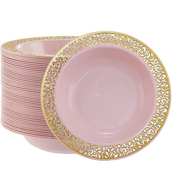 Vajilla desechable Tazón de plástico rosa 12 oz Postre Sopa resistente con borde hueco dorado Suministros de vajilla para fiesta de boda 230825