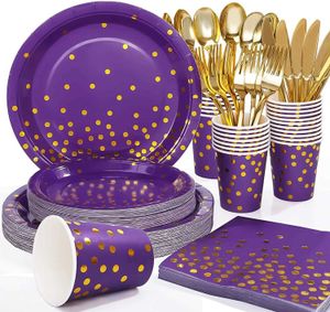 Dîner jetable Volet Purple Gold Point Play Varelle Party Decor Cups Paper Cups Happy Girls Birthday Supplies for Children Q240507