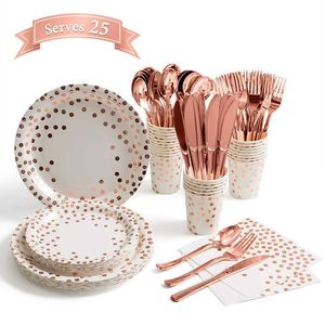 Disposable Dinnerware Rose Gold Party Tableware Kit Table Cloth Knife Fork Spoon Paper Cup Plates Straws Baby Shower Wedding Birthday Decor Z0520