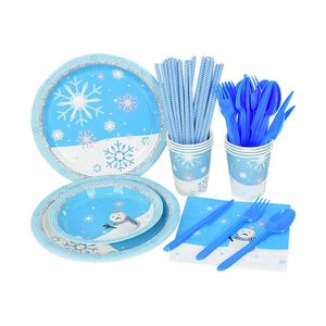 Wegwerp Dinware Snowflake Snowman Blue servies Papieren bord Cupin Nindje Kinderen Verjaardagsfeestje Baby shower Supplies Kerstdecoratie