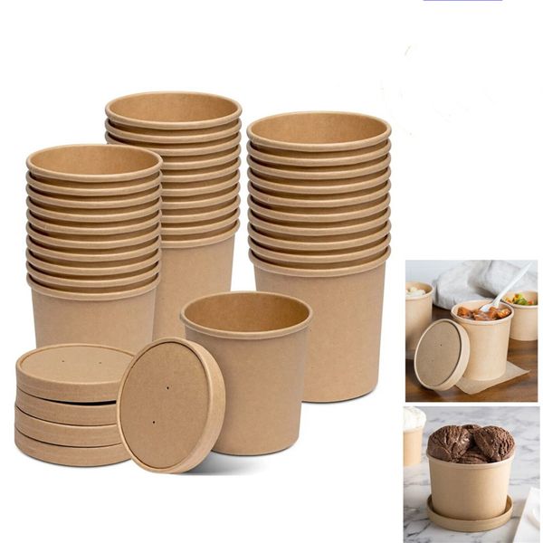 Vaisselle jetable Tasses à soupe Récipients en papier Kraft Food Bols jetables Tasse à crème glacée avec couvercles