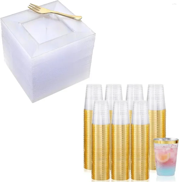 Assiettes de dessert carré à vaisselle jetable avec 100pcs Gold Forks 200pcs Plastics Cups Hard 10oz Party