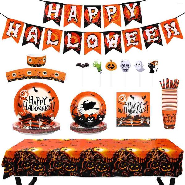 Dîner jetable stobok 104pcs Halloween Ornements Papier Plaques Cups Cupcake Wrappers Toppers Party Supplies