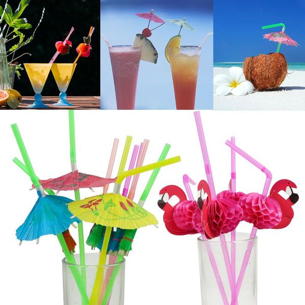 Dîner de vaisselle jetable Summer Party Flamingo Straw Ananas Paper Paper Umbrella Cake Toppers Hawaiian Beach Decor Cupcake Topper pour l'anniversaire