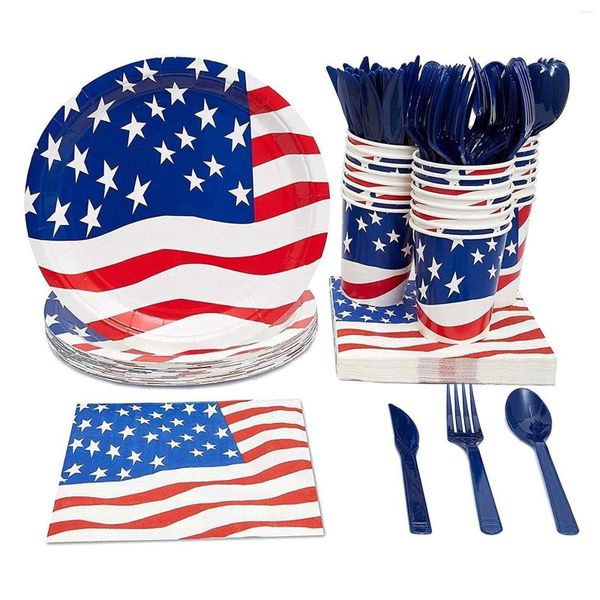 Vaisselle jetable Kit de vaisselle Ensemble de décoration Drapeau des États-Unis 16pcs Assiettes en papier des États-Unis Serviettes Tasses pour fournitures de fête du festival