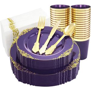 Vaisselle jetable vaisselle transparente violet noir assiette en plastique tasse couteau fourchette cuillère serviette ensemble fournitures de fête de mariage 10 personnes 230825