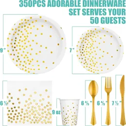 Wegwerp servies wit en gouden feestbenodigdheden - 350 pcs set papieren borden servetten cups plastic vorken messen lepels
