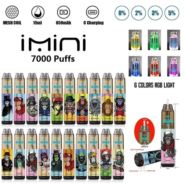 ECIG jetable 0% 2% 3% 5% 15 ml 850mAh Batterie Rechargeable Vape Pen Original Imini 7000 9000 Puffes avec dispositif réglable Aipable Fabricant de vapeur Falul