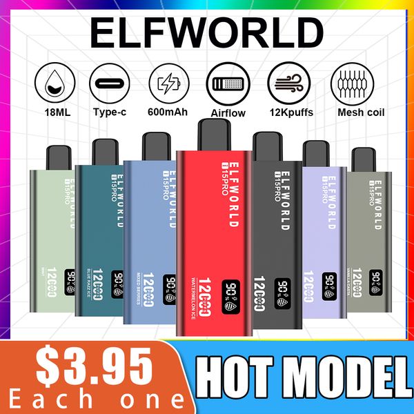 Elfworld jetable I15 12000 Puffs Vape Box 16k 20K Puff 5% Nic Vapes Préfilés 15 saveurs Cigarette électronique
