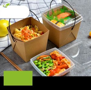 Cajas de comida rápida desechables Caja de almuerzo de papel Kraft con asa Empaque para perros Caja de refrigerios Contenedores para llevar SN6921