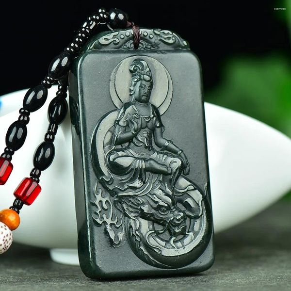 Cubiertos desechables 38 67 mm Verde Jade Ride Dragon Guanyin Colgante Collar Hombres Mujeres Feng Shui Budismo Encantos Nefrita Hetian Jades