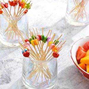 Couverts jetables 50/100 pièces/ensemble bâtonnets de fruits en forme de cœur rouge, brochettes en bambou, fourchette à Cupcake, fournitures de décoration de Table de fête