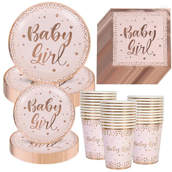 Couverts jetables pour bébé fille, vaisselle en or Rose pour commémorer le premier anniversaire de la fille, décoration de fête, vaisselle de douche, tasse