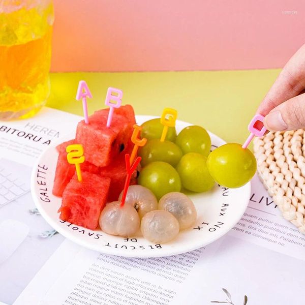 Couverts jetables Bento vaisselle végétale mignon Mini enfant en bas âge fourchettes à fruits cure-dents enfants pics alimentaires dessin animé Alphabet